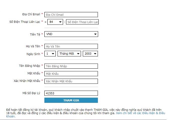 Mẫu Form đăng ký tài khoản cá độ bóng đá